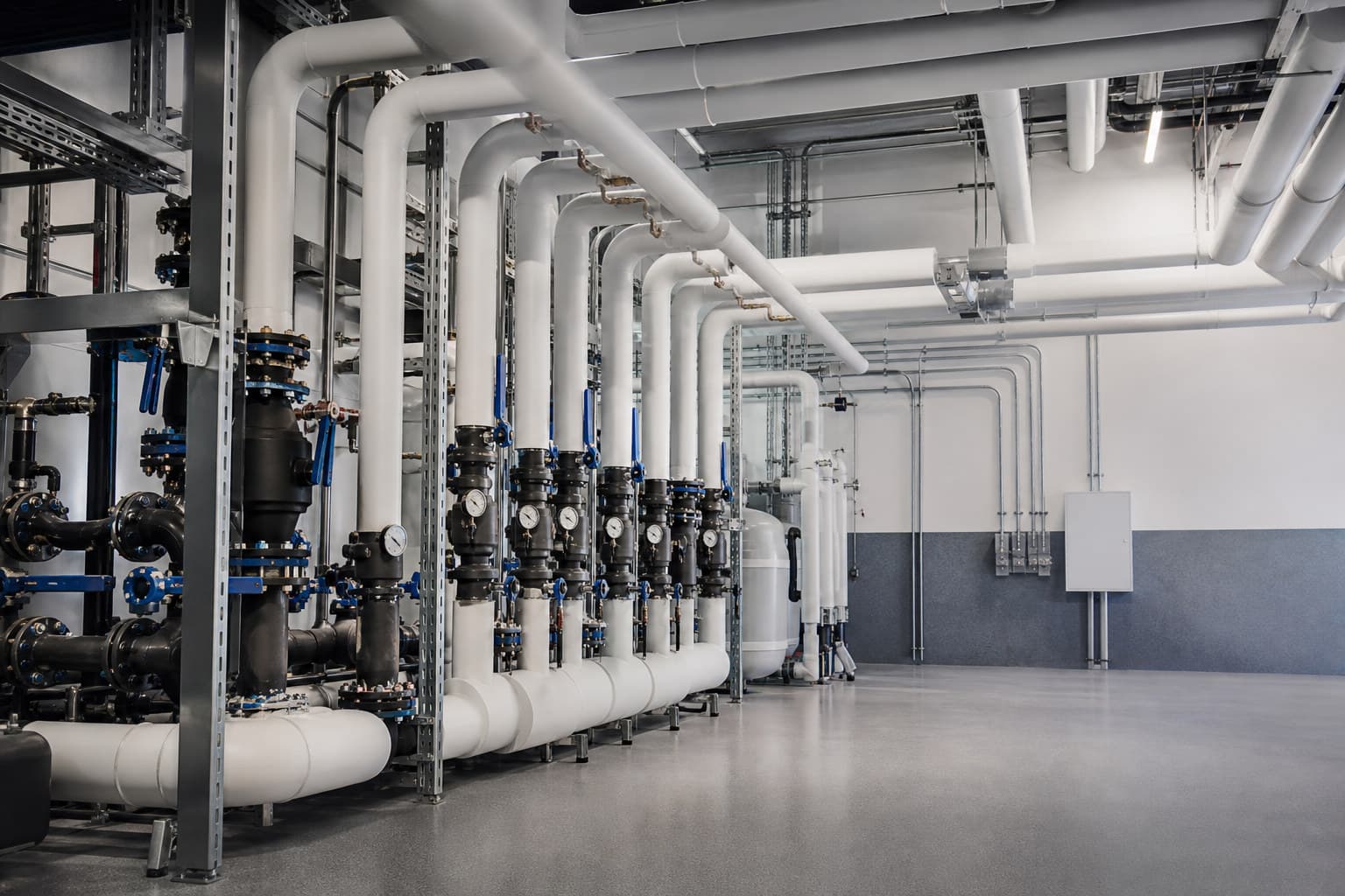 Réseau hydraulique CVC composé de conduites isolées dans un local technique propre